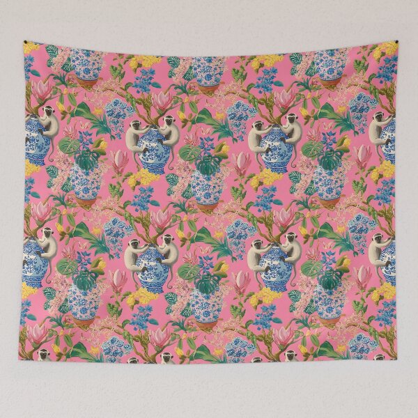 Item preview, Preppy monkeys and ginger jars in tropical flower garden on candy pink designed and sold by SophieClimaArt.