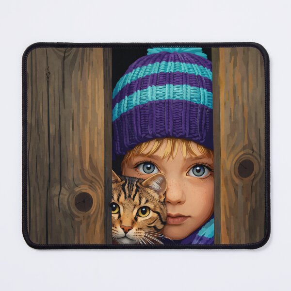 Item preview, Child and Cat Peeking Through Wooden Fence designed and sold by Creative_Canvas.