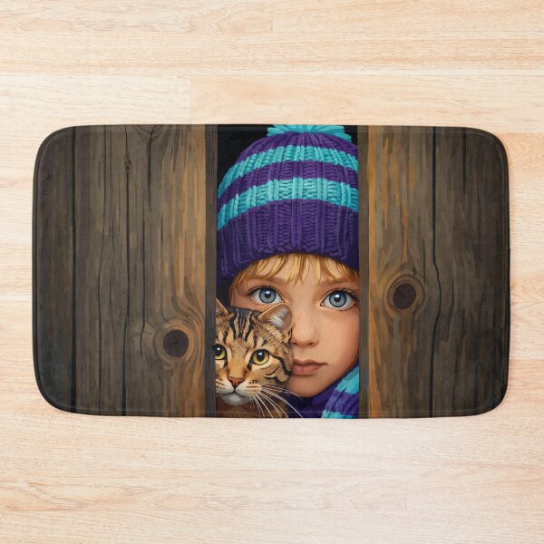 Item preview, Child and Cat Peeking Through Wooden Fence designed and sold by Creative_Canvas.
