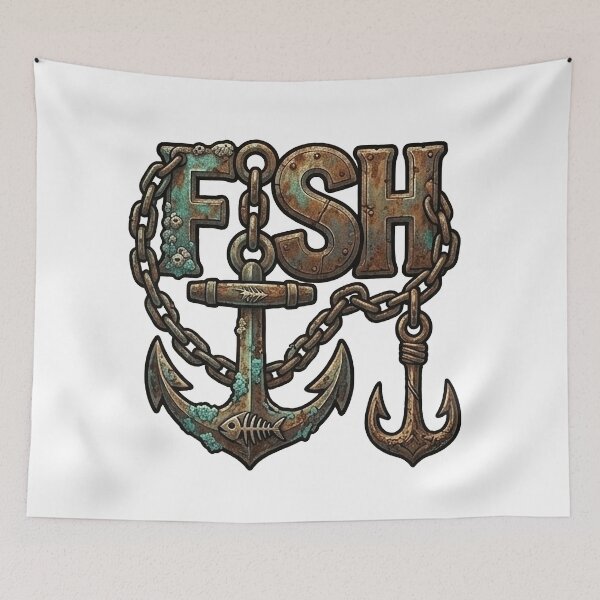 Item preview, Rustic Nautical Anchor Fish Art - Vintage Rusty Chain & Hook Design designed and sold by SasquatchTrail.