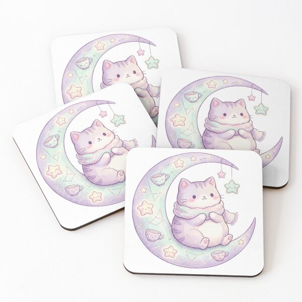 Item preview, Cute chubby watercolor cat wearing a warm scarf sitting on a crescent moon surrounded by teacups and stars designed and sold by higgins5.