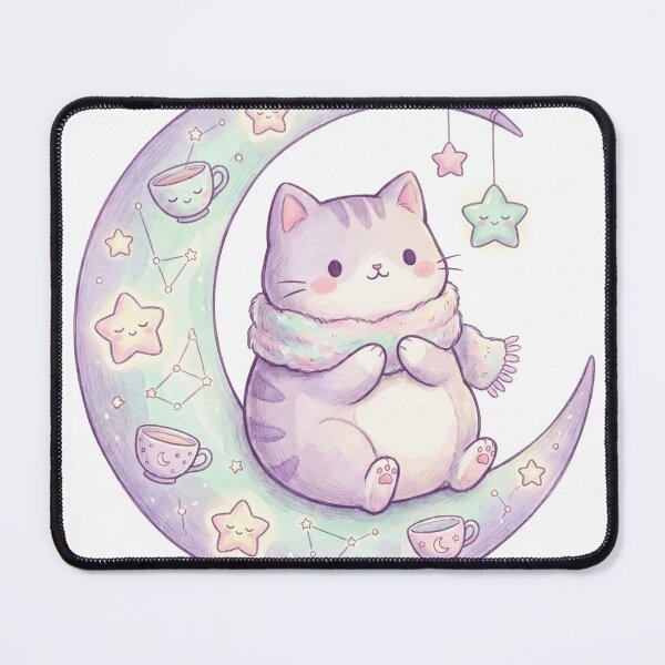 Item preview, Cute chubby watercolor cat wearing a warm scarf sitting on a crescent moon surrounded by teacups and stars designed and sold by higgins5.