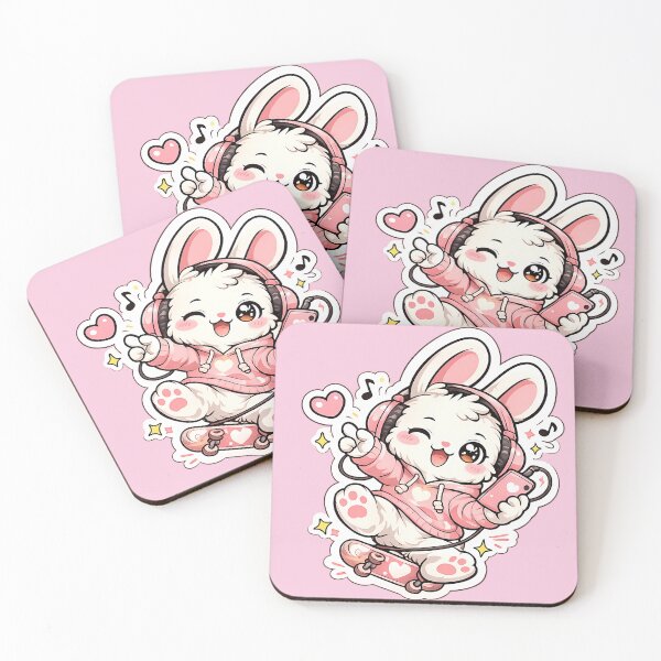 Item preview, Cute Kawaii Bunny Listening to Music with Headphones – Pink Aesthetic Skater Rabbit Sticker designed and sold by PuffyInk.