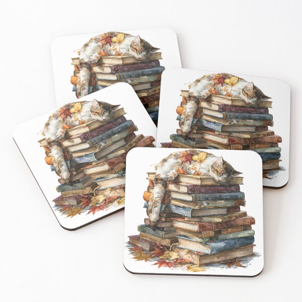 Item preview, Vintage Book Stack with Sleeping Cat Watercolor Sticker designed and sold by usagiink.