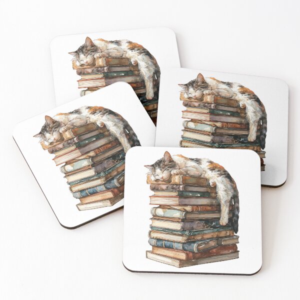 Item preview, Sleepy Cat on Vintage Book Tower Watercolor Sticker designed and sold by usagiink.