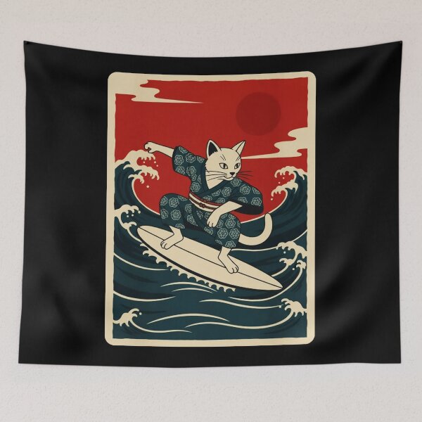 Item preview, Surfing Cat in Kimono Riding Ocean Wave designed and sold by JordynLadukeg65.