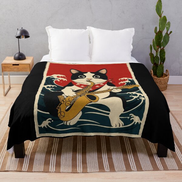 Item preview, Cat Playing Saxophone in Ocean Waves Retro Style designed and sold by JordynLadukeg65.