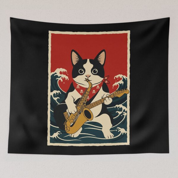Item preview, Cat Playing Saxophone in Ocean Waves Retro Style designed and sold by JordynLadukeg65.