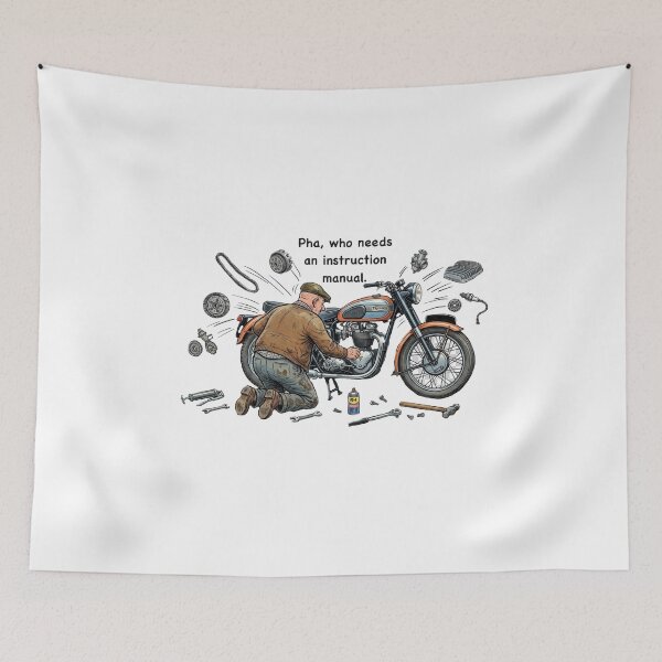 Item preview, motorcycle mechanic, classic motorbike artwork, garage DIY Humour designed and sold by Lunevalleyart.