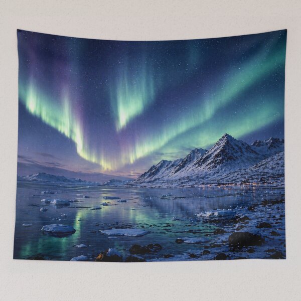 Item preview, Svalbard Inspired Arctic Aurora Over Fjord Northern Landscape designed and sold by TheSlowShore.