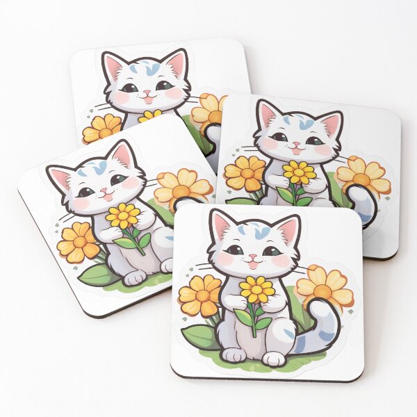 Item preview, Kawaii White Cat with Yellow Flowers designed and sold by Madhav Creations Studio.