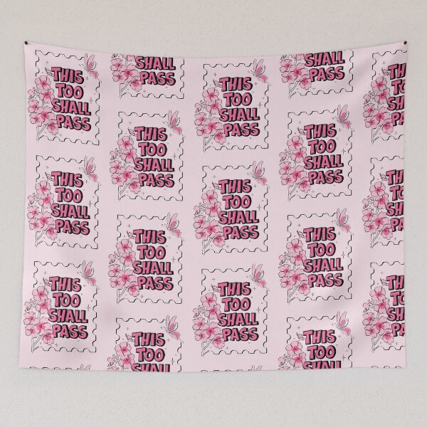 Item preview, This Too Shall Pass Pink Cherry Blossom Butterfly Postage Stamp Affirmation Floral Hand Lettering designed and sold by eunikefebe.