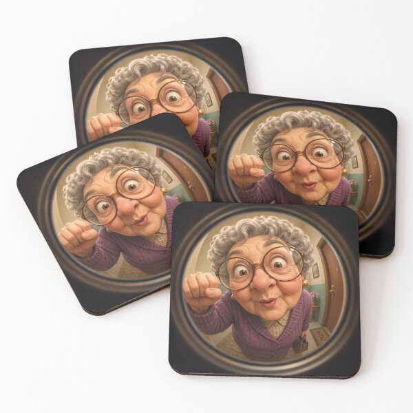 Item preview, A humorous fisheye‑lens view of an elderly woman peeking through a door peephole designed and sold by darekkocurek.