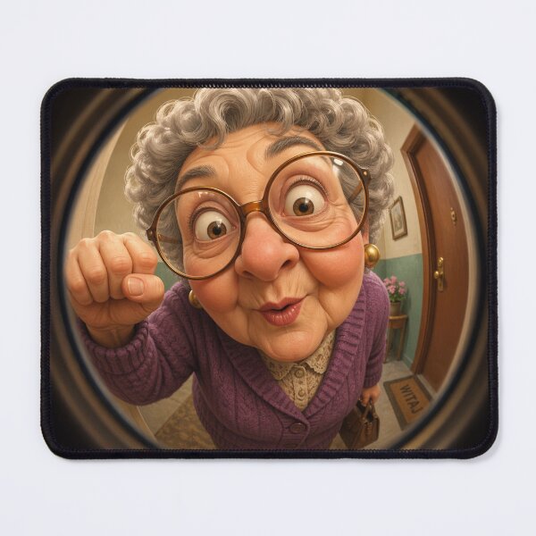 Item preview, A humorous fisheye‑lens view of an elderly woman peeking through a door peephole designed and sold by darekkocurek.