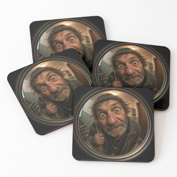Item preview, A fisheye peephole view of a rugged, weathered man leaning toward the door designed and sold by darekkocurek.