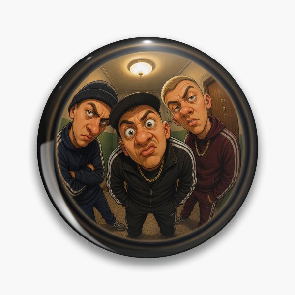 Item preview, peephole‑view scene showing three exaggerated, cartoon‑like men in tracksuits designed and sold by darekkocurek.