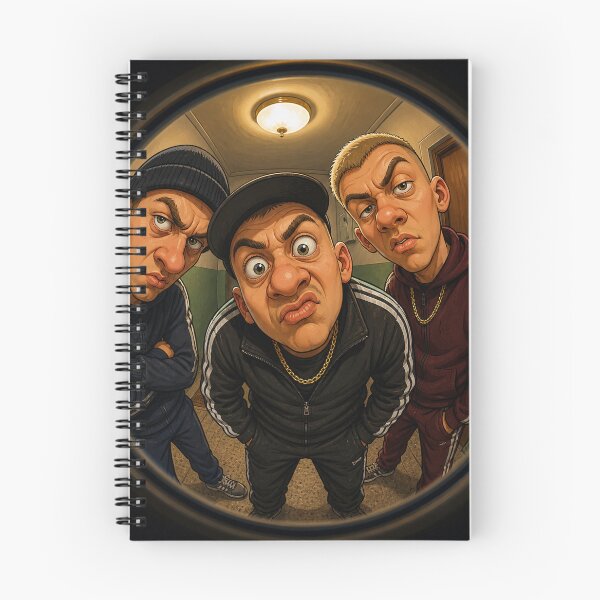 Item preview, peephole‑view scene showing three exaggerated, cartoon‑like men in tracksuits designed and sold by darekkocurek.