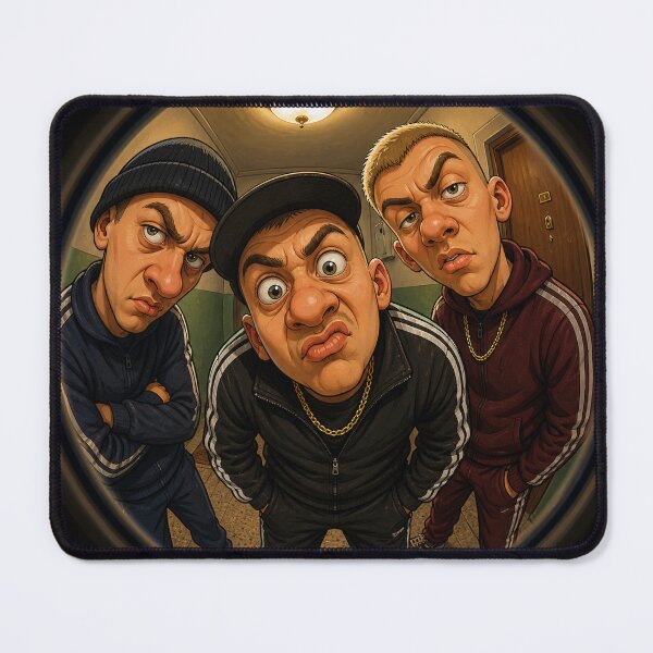 Item preview, peephole‑view scene showing three exaggerated, cartoon‑like men in tracksuits designed and sold by darekkocurek.