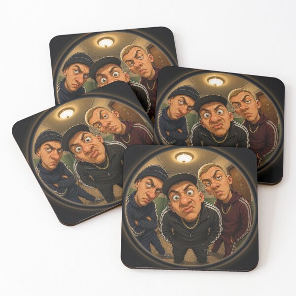 Item preview, peephole‑view scene showing three exaggerated, cartoon‑like men in tracksuits designed and sold by darekkocurek.