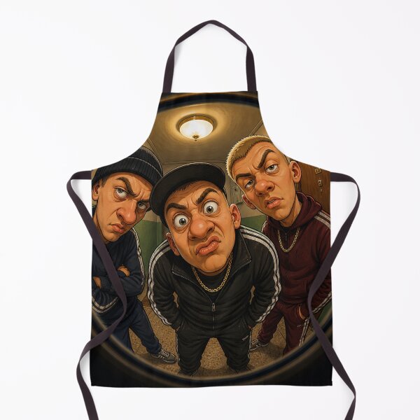 Item preview, peephole‑view scene showing three exaggerated, cartoon‑like men in tracksuits designed and sold by darekkocurek.