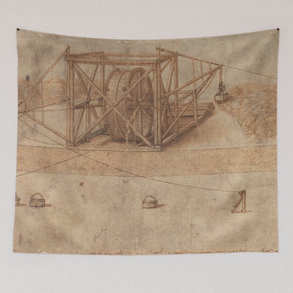Item preview, Codex Atlanticus Folio 3r by Leonardo da Vinci Double Crane Engineering Art Print designed and sold by artofuniverse.