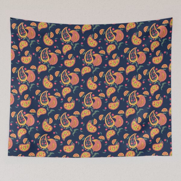 Item preview, Hand Painted Gouache Floral Paisley Pattern in Deep Navy designed and sold by NoemiMarozsan.