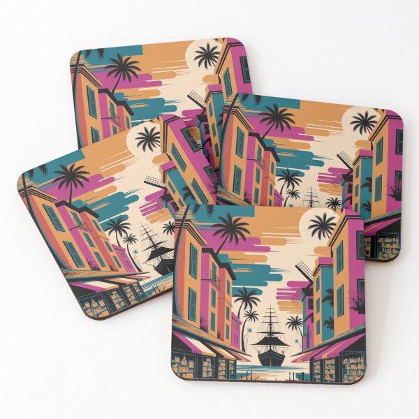 Item preview, colorful collage-style street buildings, palm trees, ships, windmills, and abstract shapes designed and sold by 123ks.