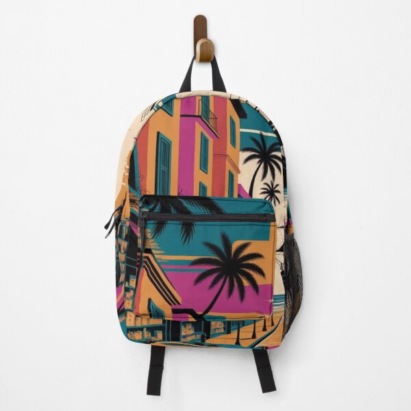 Item preview, colorful collage-style street buildings, palm trees, ships, windmills, and abstract shapes designed and sold by 123ks.