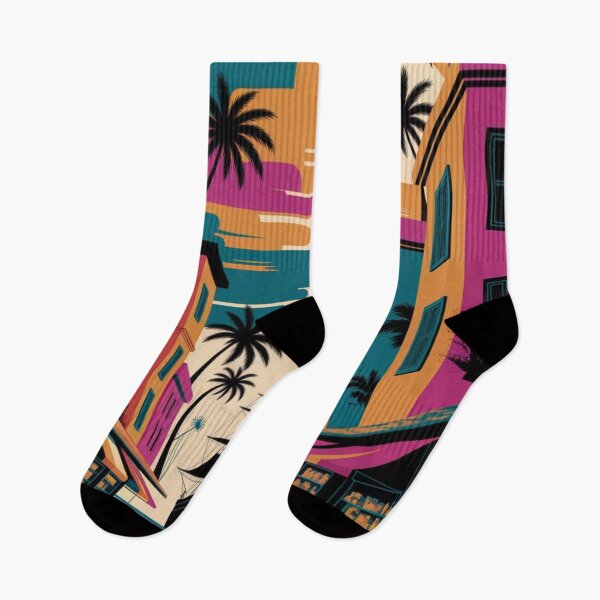 Item preview, colorful collage-style street buildings, palm trees, ships, windmills, and abstract shapes designed and sold by 123ks.