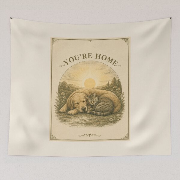 Artikelvorschau, Du bist zu Hause – Katzen- und Hundeliebe-Vintage-T-Shirt entworfen und verkauft von MaynyStudio.