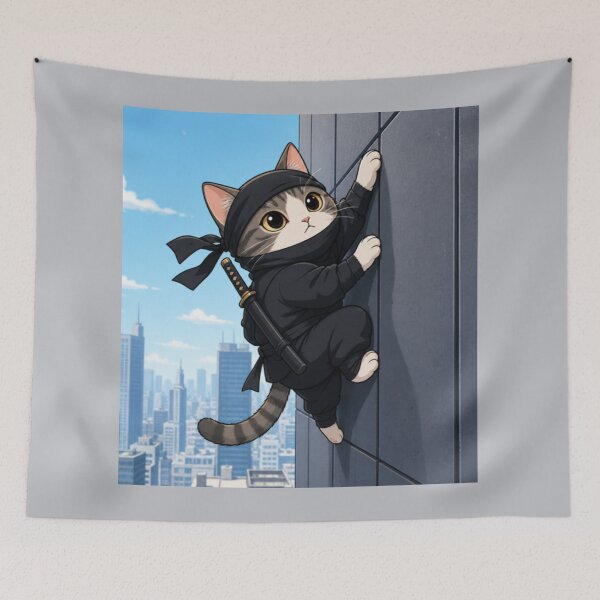Item preview, Stealthy Ninja Cat Scaling Tokyo City Skyline designed and sold by SakuraMarket26.