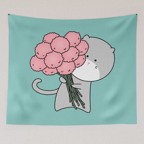 Item preview, Cute Grey Cat with Giant Pink Flower Bouquet - Sweet Floral Kitten Illustration designed and sold by ubborn.