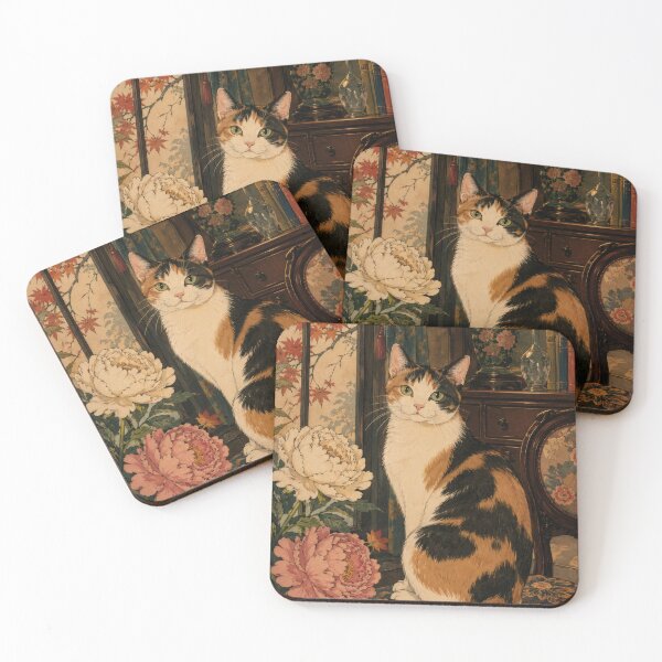 Item preview, Calico Cat with Peonies in Vintage Japanese Interior - Taisho Era Ukiyo-e Art designed and sold by WabiSabiArts.