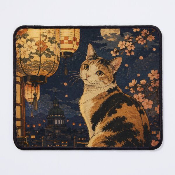 Item preview, Calico Cat with Lanterns and Cherry Blossoms at Night - Japanese Ukiyo-e Art designed and sold by WabiSabiArts.