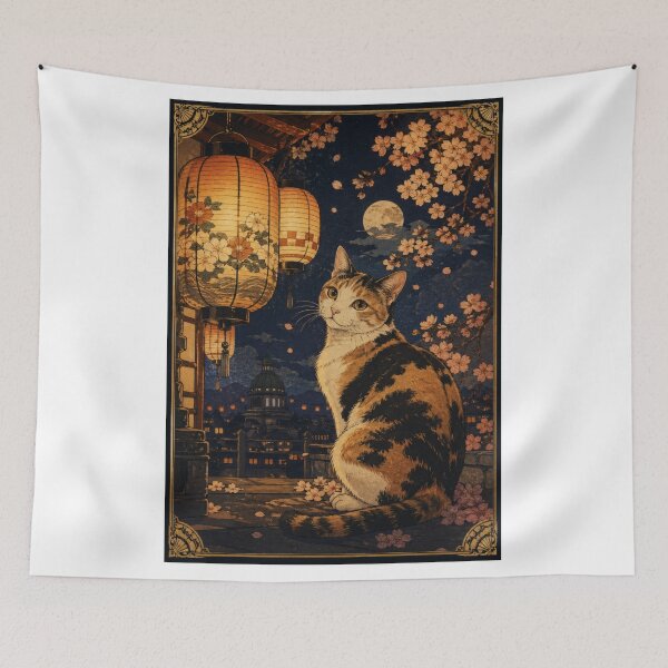 Item preview, Calico Cat with Lanterns and Cherry Blossoms at Night - Japanese Ukiyo-e Art designed and sold by WabiSabiArts.