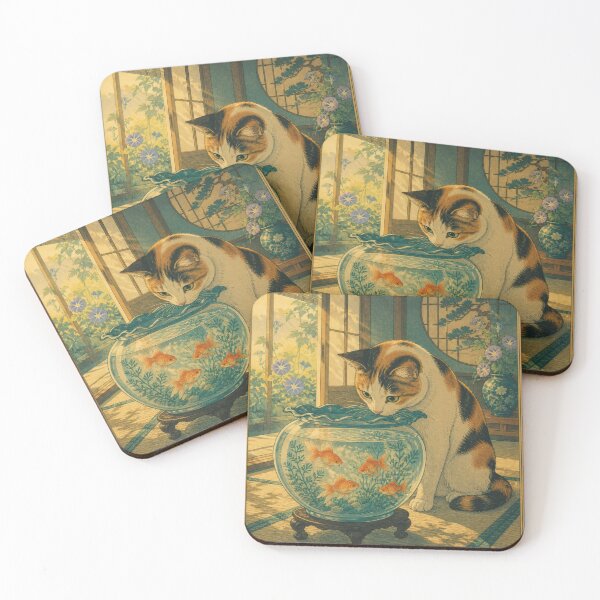 Item preview, Calico Cat with Goldfish Bowl - Vintage Japanese Summer Ukiyo-e Art designed and sold by WabiSabiArts.