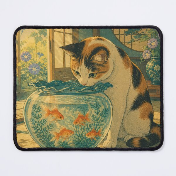 Item preview, Calico Cat with Goldfish Bowl - Vintage Japanese Summer Ukiyo-e Art designed and sold by WabiSabiArts.