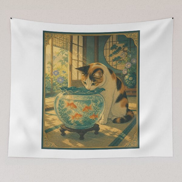 Item preview, Calico Cat with Goldfish Bowl - Vintage Japanese Summer Ukiyo-e Art designed and sold by WabiSabiArts.
