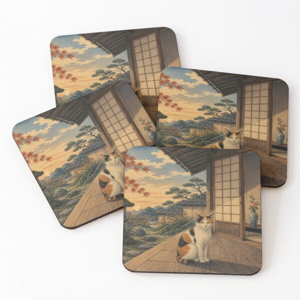 Item preview, Calico Cat on Engawa at Autumn Sunset - Japanese Garden Vintage Ukiyo-e Art designed and sold by WabiSabiArts.