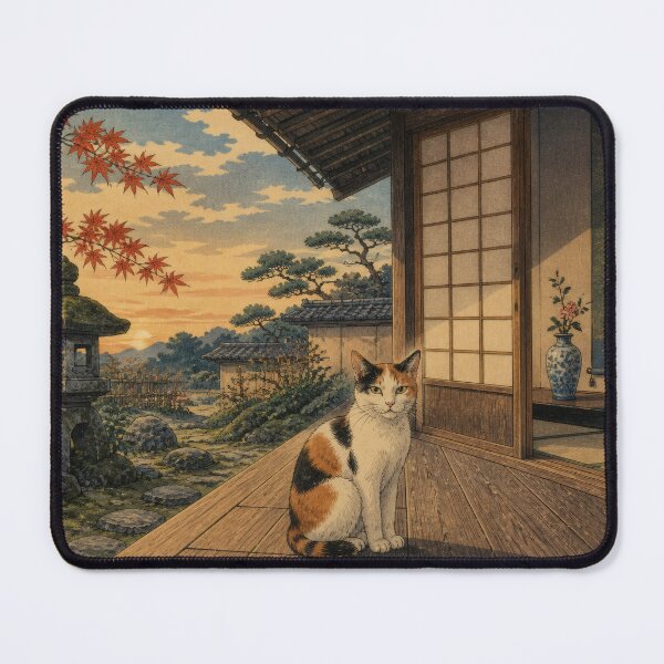 Item preview, Calico Cat on Engawa at Autumn Sunset - Japanese Garden Vintage Ukiyo-e Art designed and sold by WabiSabiArts.