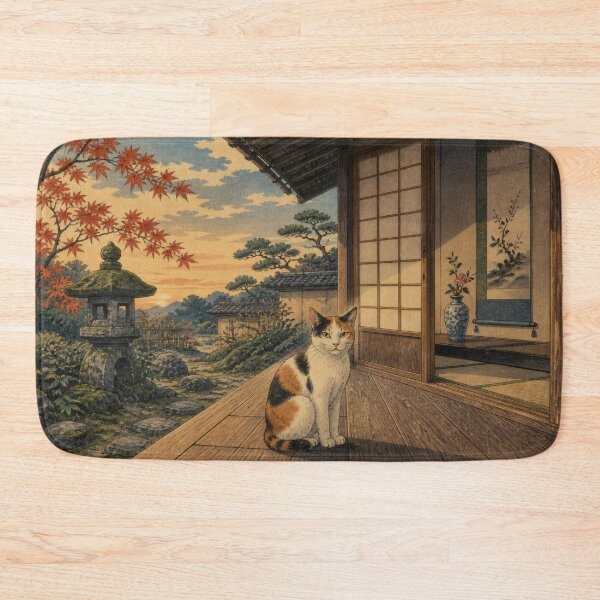 Item preview, Calico Cat on Engawa at Autumn Sunset - Japanese Garden Vintage Ukiyo-e Art designed and sold by WabiSabiArts.