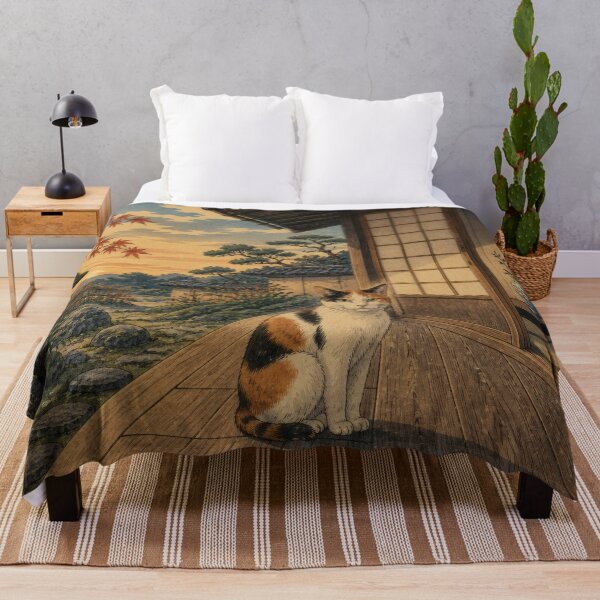 Item preview, Calico Cat on Engawa at Autumn Sunset - Japanese Garden Vintage Ukiyo-e Art designed and sold by WabiSabiArts.