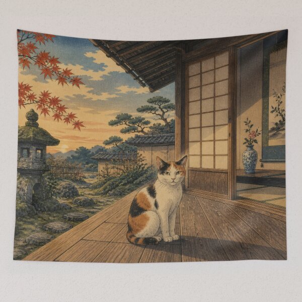 Item preview, Calico Cat on Engawa at Autumn Sunset - Japanese Garden Vintage Ukiyo-e Art designed and sold by WabiSabiArts.