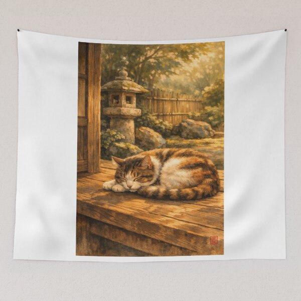 Item preview, Sleeping Tabby Cat on Engawa - Japanese Garden Vintage Ukiyo-e Art designed and sold by WabiSabiArts.