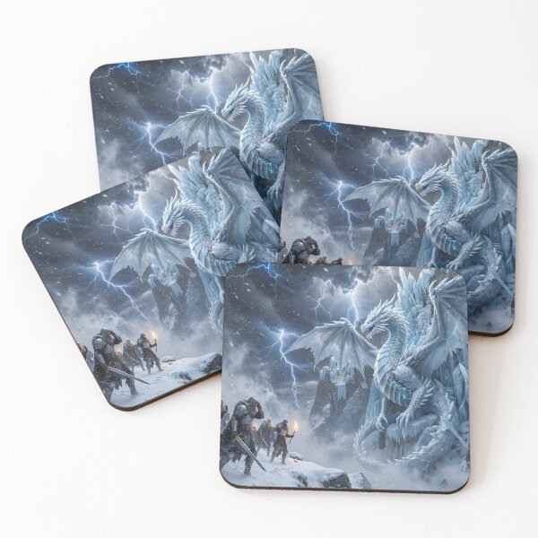 Item preview, Epic Ice Dragon Battle – Frozen Fantasy Warrior Scene with Storm Lightning designed and sold by DreamyWallVibes.