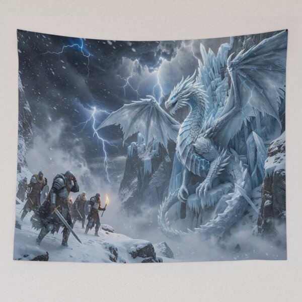 Item preview, Epic Ice Dragon Battle – Frozen Fantasy Warrior Scene with Storm Lightning designed and sold by DreamyWallVibes.