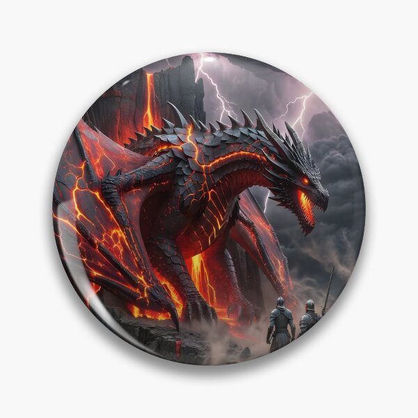 Item preview, Lava Dragon Battle Scene – Epic Fire Dragon Fantasy with Warriors designed and sold by DreamyWallVibes.