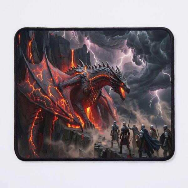 Item preview, Lava Dragon Battle Scene – Epic Fire Dragon Fantasy with Warriors designed and sold by DreamyWallVibes.