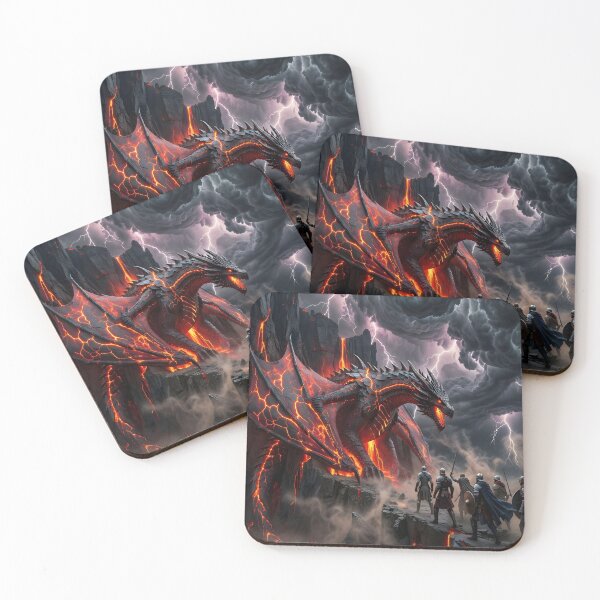 Item preview, Lava Dragon Battle Scene – Epic Fire Dragon Fantasy with Warriors designed and sold by DreamyWallVibes.