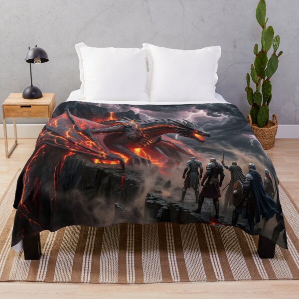 Item preview, Lava Dragon Battle Scene – Epic Fire Dragon Fantasy with Warriors designed and sold by DreamyWallVibes.